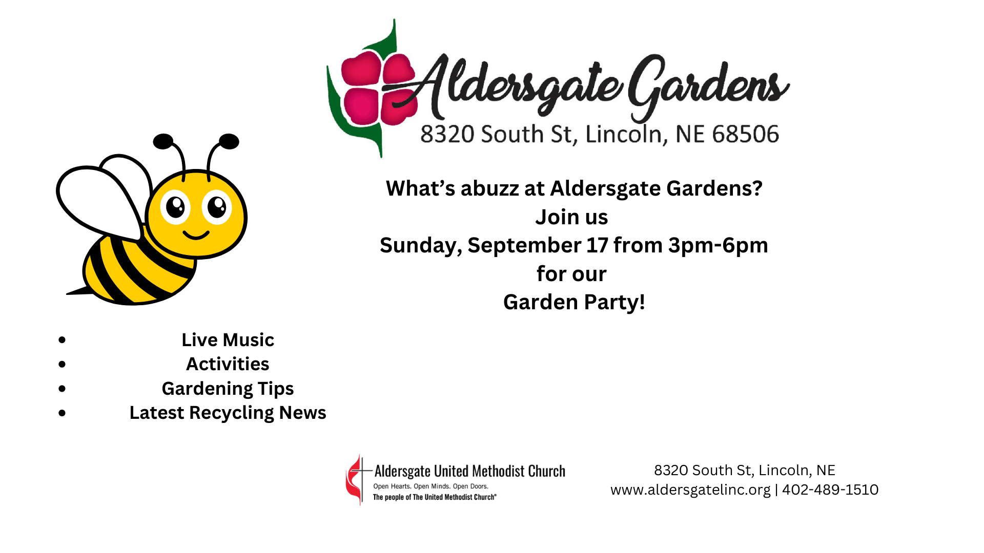 Aldersgate Gardens invites you to our annual Garden Party, Sunday, September 17, 3:00 p.m. - 6:00 p.m.