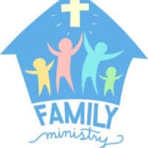 Illustration of a Family Ministry Lettering Design with a Cross, Family Icon and Church